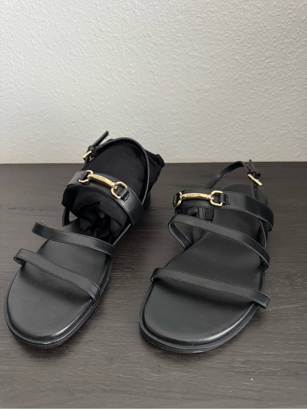 Michael Kors Black Leather Strappy Sandals with Gold Hardware